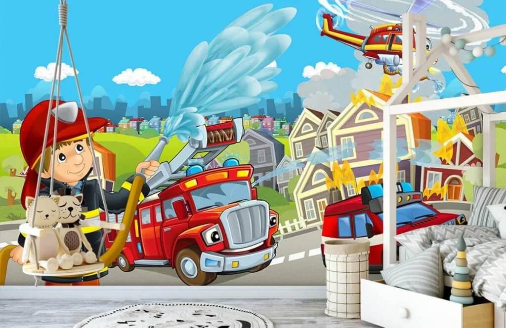 کاغذ دیواری ماشین آتش نشانی اتاق کودک