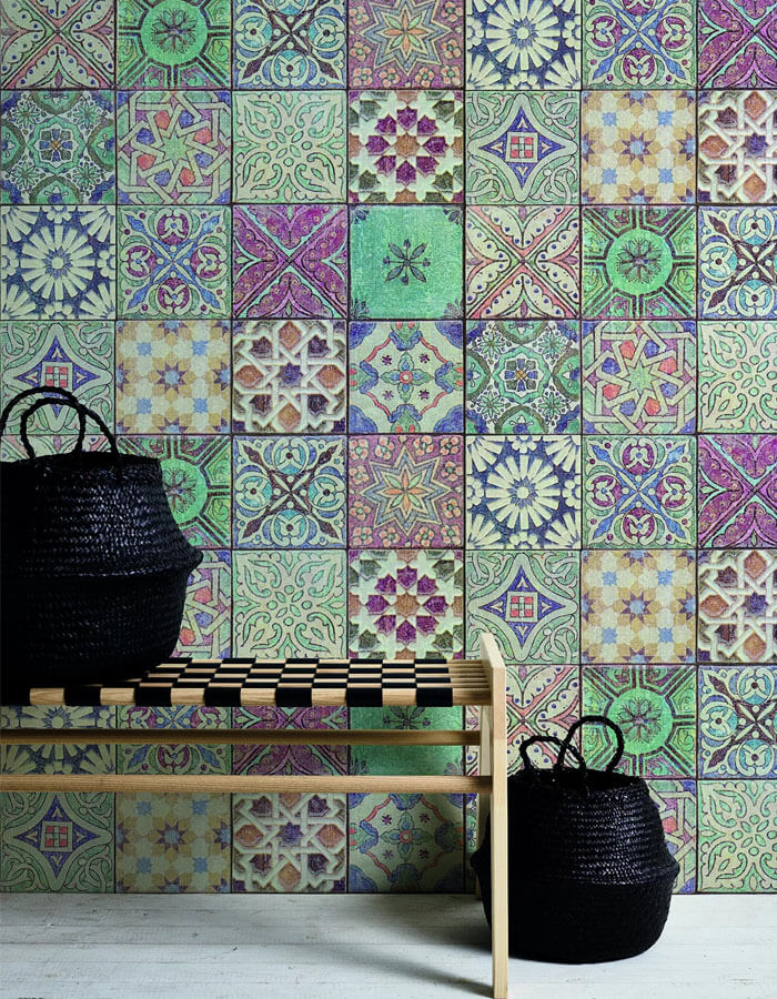 نقوش کاشی مراکشی روی کاغذ دیواری